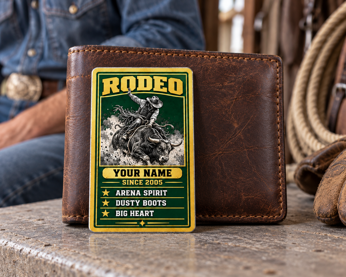 Bull Riding/Rodeo Trade Legend portrait wallet card against a closed leather wallet on a tack-room bench