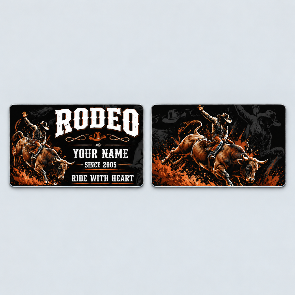 Front and reverse of the Bull Riding/Rodeo Midnight Pride aluminum wallet card