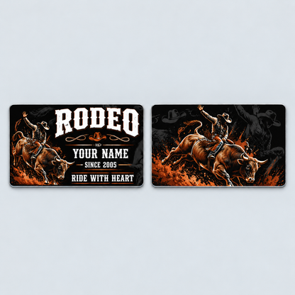Front and reverse of the Bull Riding/Rodeo Midnight Pride aluminum wallet card