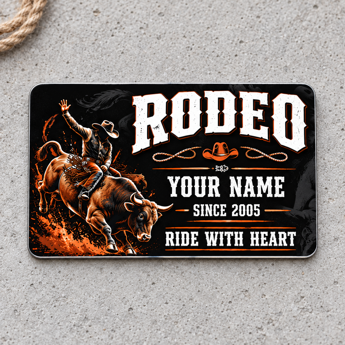 Bull Riding Rodeo Midnight Pride aluminum wallet card front on light gray concrete