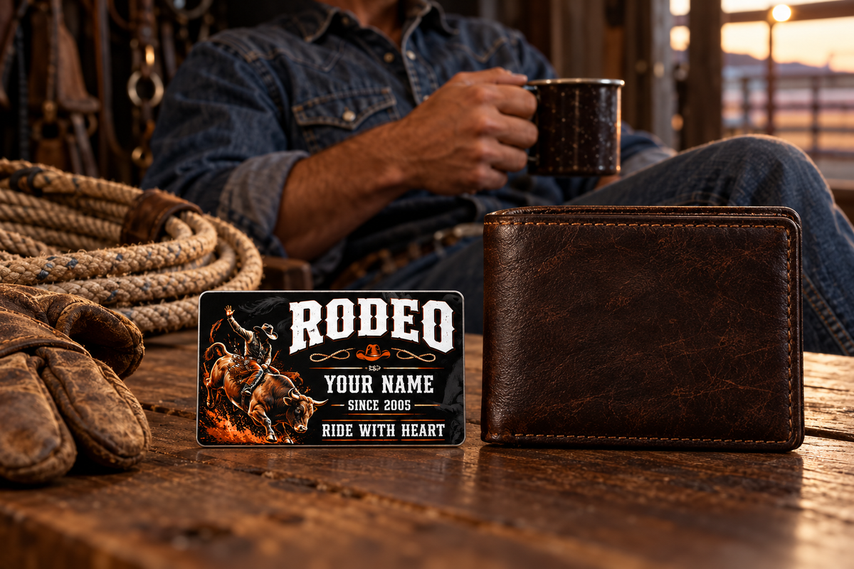 Bull Riding/Rodeo Midnight Pride aluminum wallet card beside a closed brown wallet during a tack-room coffee break