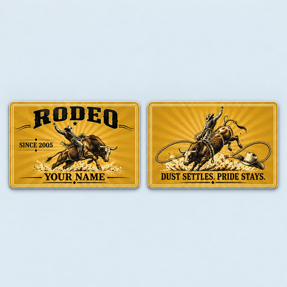 Front and reverse of the Bull Riding/Rodeo Golden Milestone aluminum wallet card