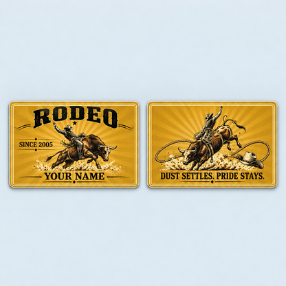 Front and reverse of the Bull Riding/Rodeo Golden Milestone aluminum wallet card