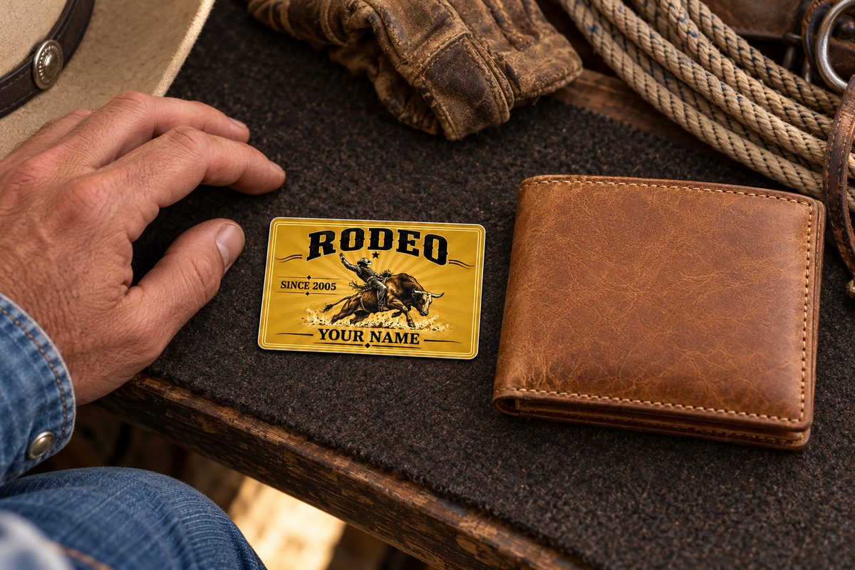 Bull Riding/Rodeo Golden Milestone aluminum wallet card on dark felt beside a tan wallet and a relaxed adult hand