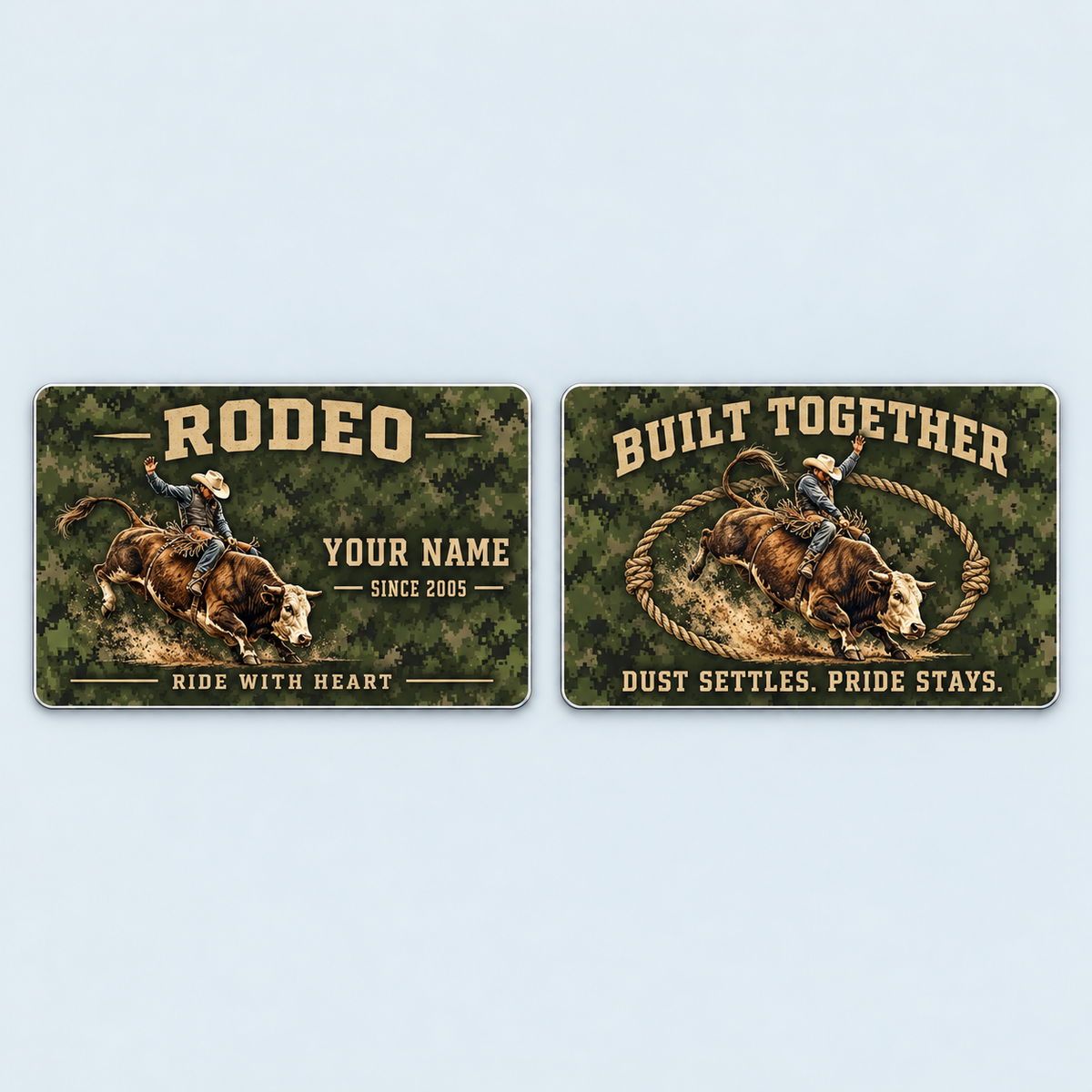 Front and reverse of the Bull Riding/Rodeo Rugged Field aluminum wallet card