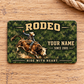 Bull Riding Rodeo Rugged Field aluminum wallet card, front design on pale oak