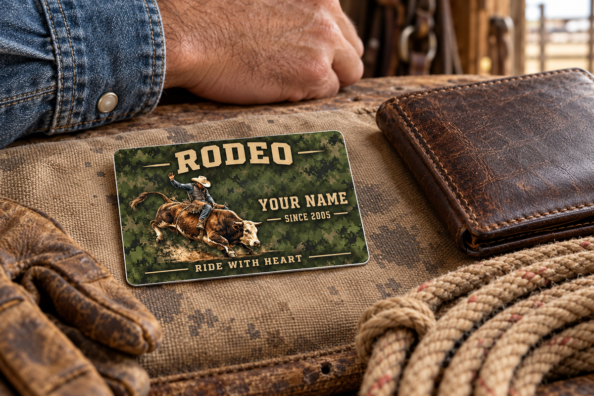 Bull Riding/Rodeo Rugged Field wallet card on worn canvas beside a brown wallet, leather glove and coiled rope