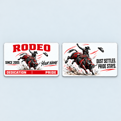 Front and reverse of the Bull Riding/Rodeo Signature Modern aluminum wallet card