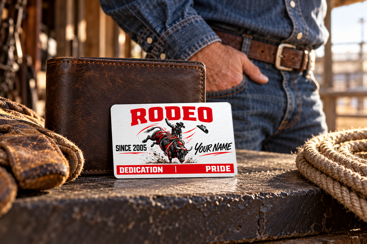 Bull Riding/Rodeo Signature Modern aluminum wallet card leaning against a closed wallet on a tack-room ledge