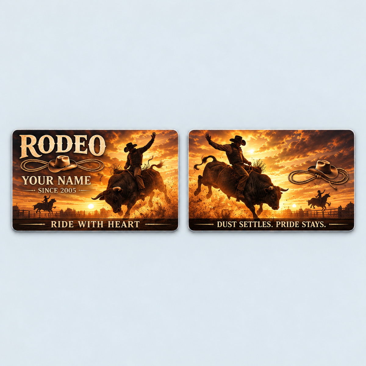 Front and reverse of the Bull Riding/Rodeo Sunset Workday aluminum wallet card
