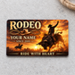 Bull Riding Rodeo Sunset Workday aluminum wallet card front on light gray stone