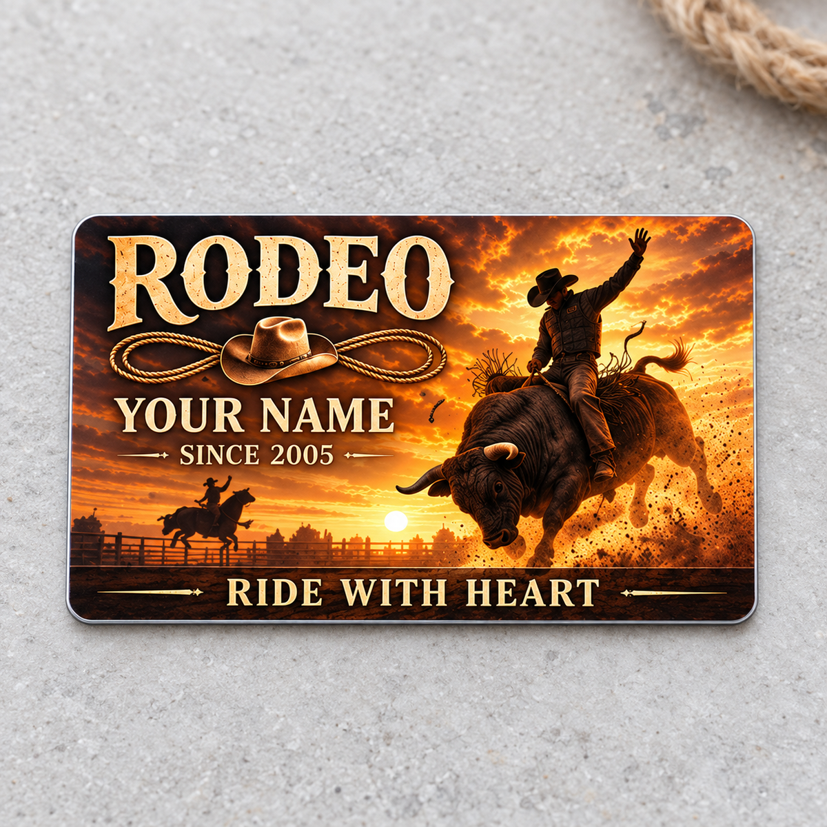Bull Riding Rodeo Sunset Workday aluminum wallet card front on light gray stone