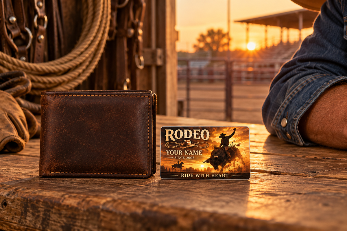 Bull Riding/Rodeo Sunset Workday aluminum wallet card beside a closed brown wallet at sunset