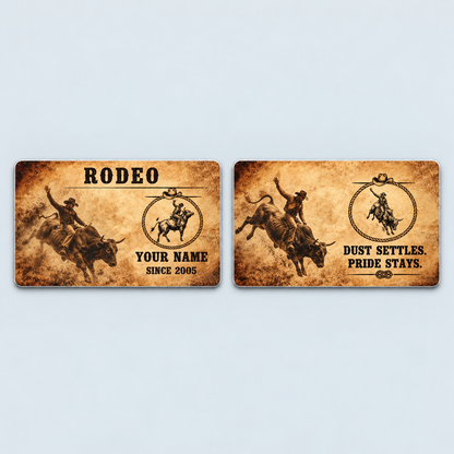 Front and reverse of the Bull Riding/Rodeo Sepia Legacy aluminum wallet card