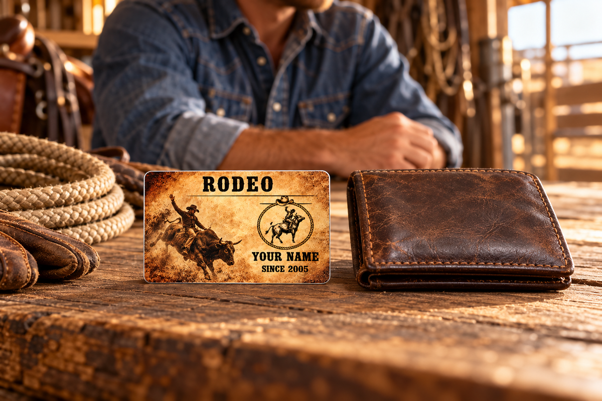 Bull Riding/Rodeo Sepia Legacy aluminum wallet card beside a closed leather wallet in a warm tack-room break scene