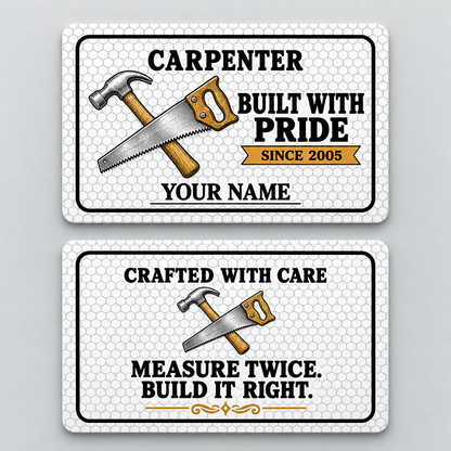 Front and back of a carpenter aluminum wallet card with a white honeycomb pattern, crossed tools and name-and-year artwork