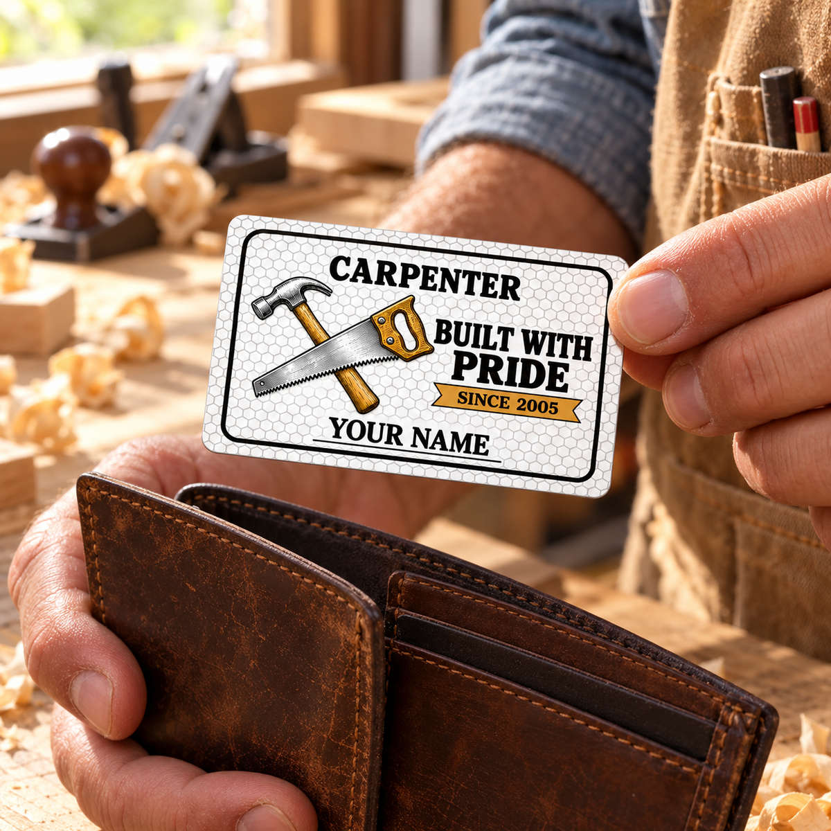 A carpenter holding the white honeycomb aluminum wallet card above a leather wallet at a workshop bench