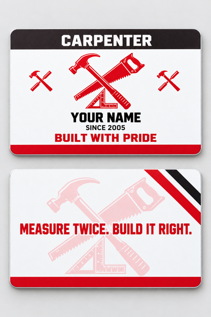Front and reverse views of the Carpenter Red Monochrome Craft aluminum wallet card, showing its trade-themed printed artwork.