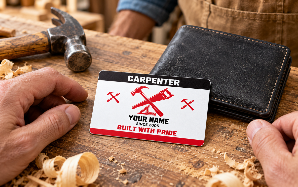 The printed front of the Carpenter Red Monochrome Craft aluminum wallet card shown in an occupational lifestyle setting with an adult worker.