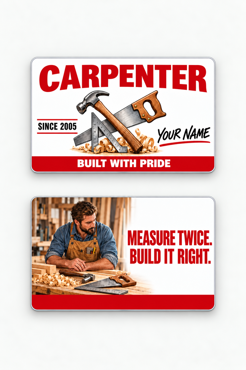 Front and reverse views of the Carpenter Signature Classic aluminum wallet card, showing its trade-themed printed artwork.
