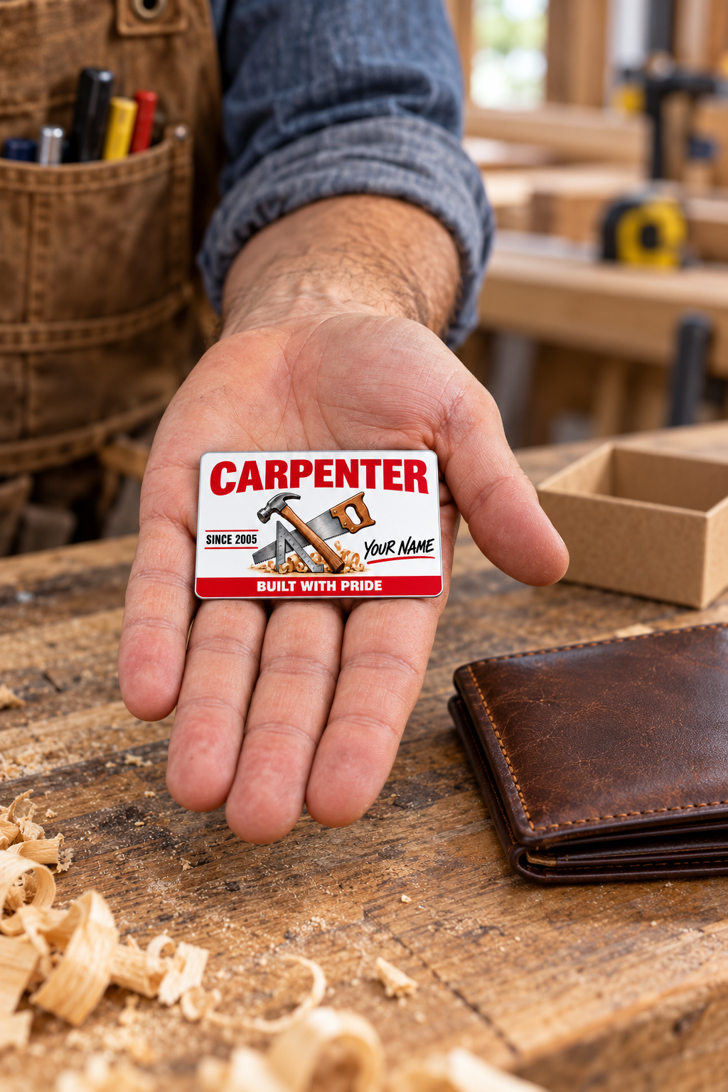 The printed front of the Carpenter Signature Classic aluminum wallet card shown in an occupational lifestyle setting with an adult worker.
