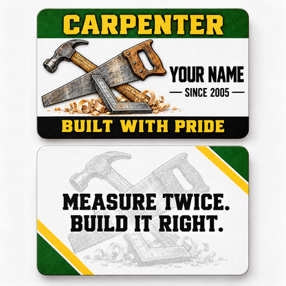 Front and reverse views of the Carpenter Green Band Appreciation aluminum wallet card, showing its trade-themed printed artwork.