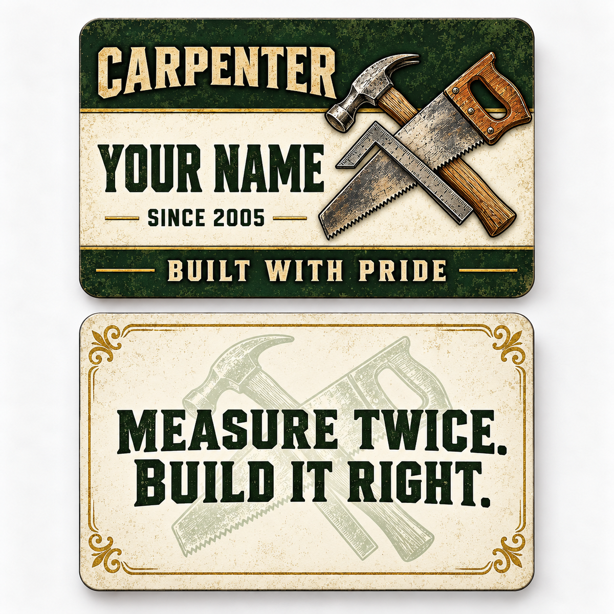 Front and reverse views of the Carpenter Heritage Band Appreciation aluminum wallet card, showing its trade-themed printed artwork.