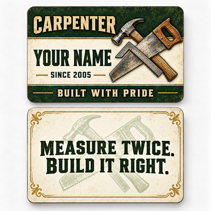 Front and reverse views of the Carpenter Heritage Band Appreciation aluminum wallet card, showing its trade-themed printed artwork.