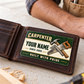 The printed front of the Carpenter Heritage Band Appreciation aluminum wallet card shown in an occupational lifestyle setting with an adult worker.