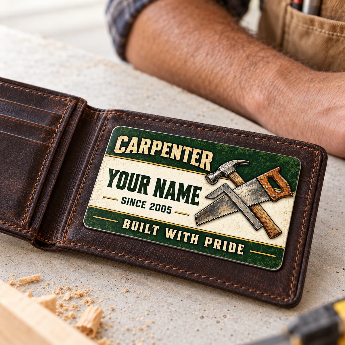 The printed front of the Carpenter Heritage Band Appreciation aluminum wallet card shown in an occupational lifestyle setting with an adult worker.