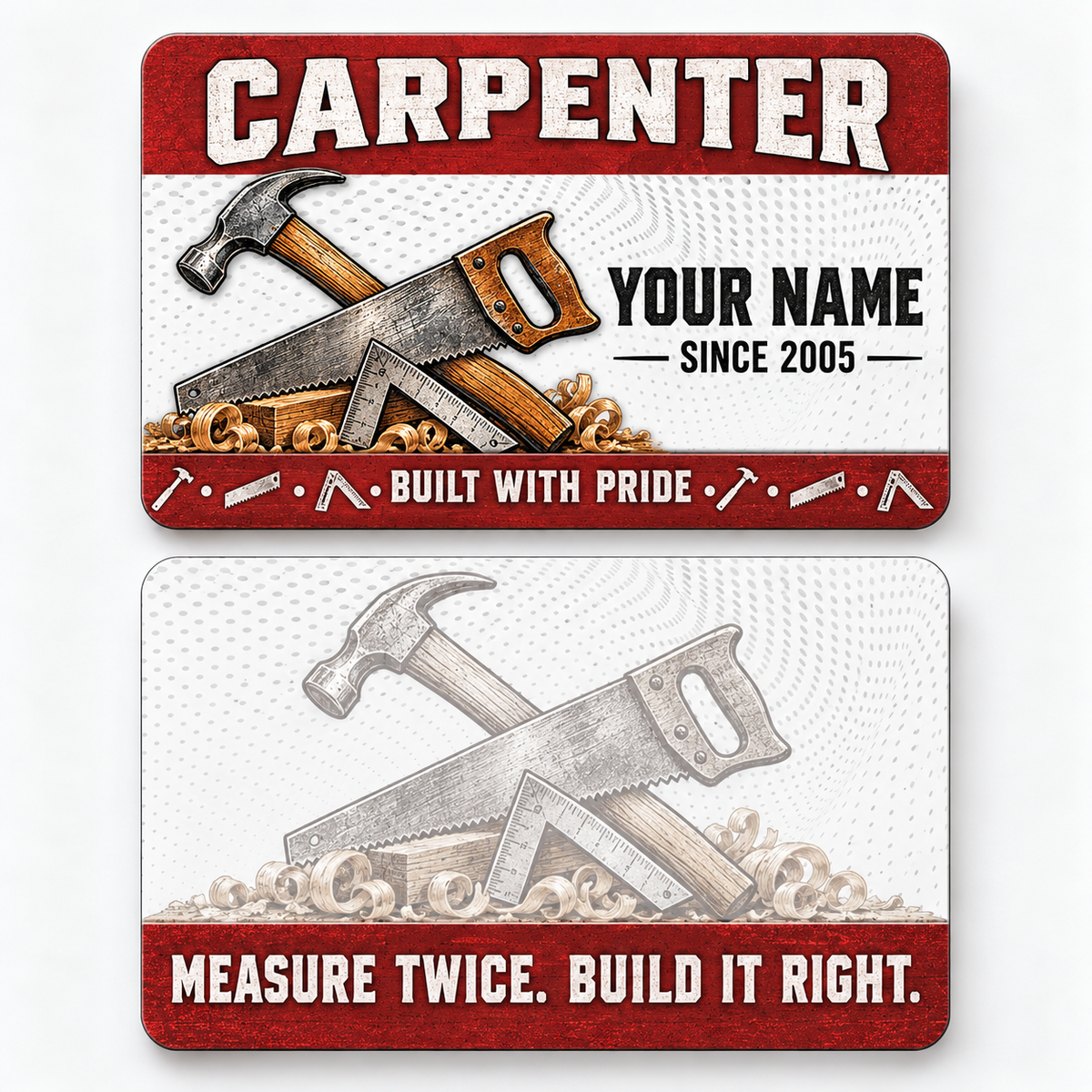 Front and reverse views of the Carpenter Red Header Trade Pride aluminum wallet card, showing its trade-themed printed artwork.