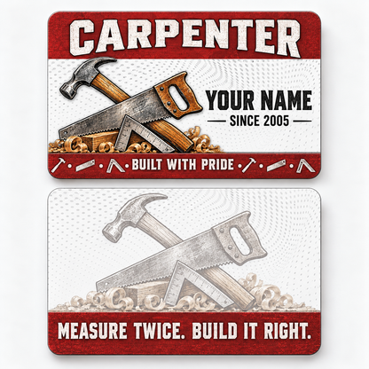Front and reverse views of the Carpenter Red Header Trade Pride aluminum wallet card, showing its trade-themed printed artwork.