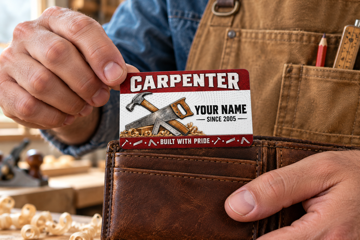 The printed front of the Carpenter Red Header Trade Pride aluminum wallet card shown in an occupational lifestyle setting with an adult worker.