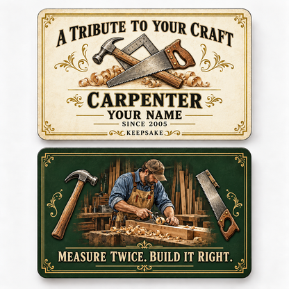 Front and reverse views of the Carpenter Ivory Heritage Tribute aluminum wallet card, showing its trade-themed printed artwork.