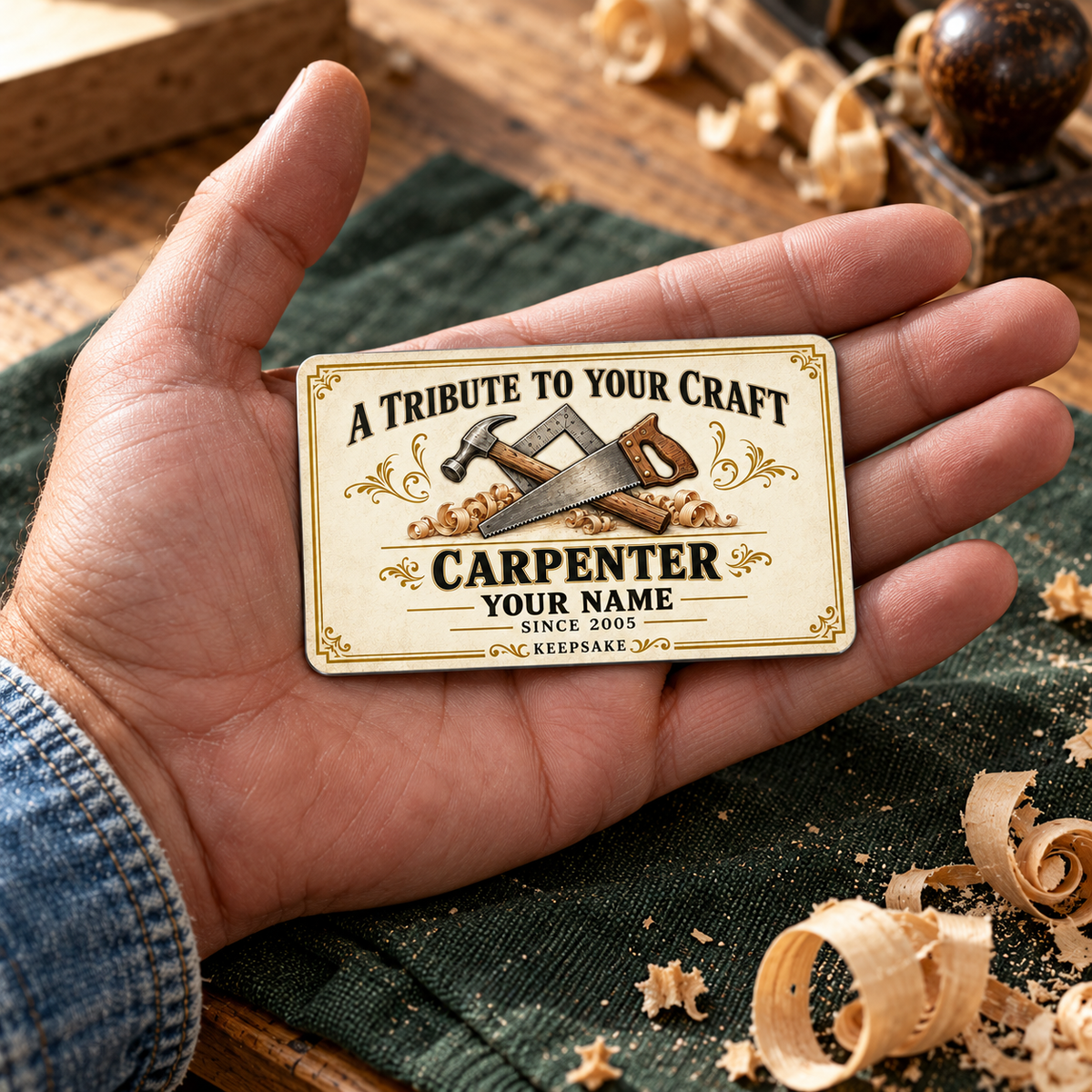 The printed front of the Carpenter Ivory Heritage Tribute aluminum wallet card shown in an occupational lifestyle setting with an adult worker.