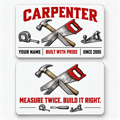 Front and reverse views of the Carpenter Minimal Tool Grid aluminum wallet card, showing its trade-themed printed artwork.