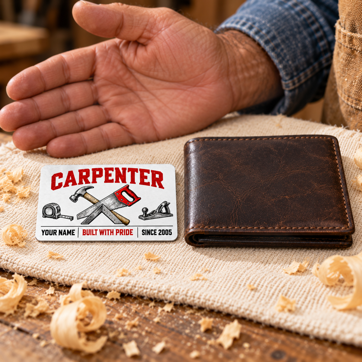 The printed front of the Carpenter Minimal Tool Grid aluminum wallet card shown in an occupational lifestyle setting with an adult worker.