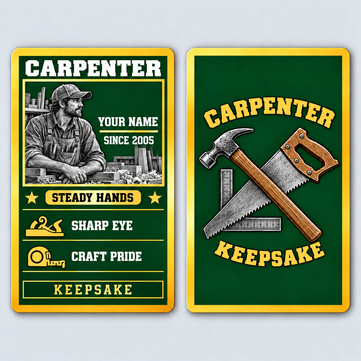 Front and reverse views of the Carpenter Trade Legend Collectible aluminum wallet card, showing its trade-themed printed artwork.