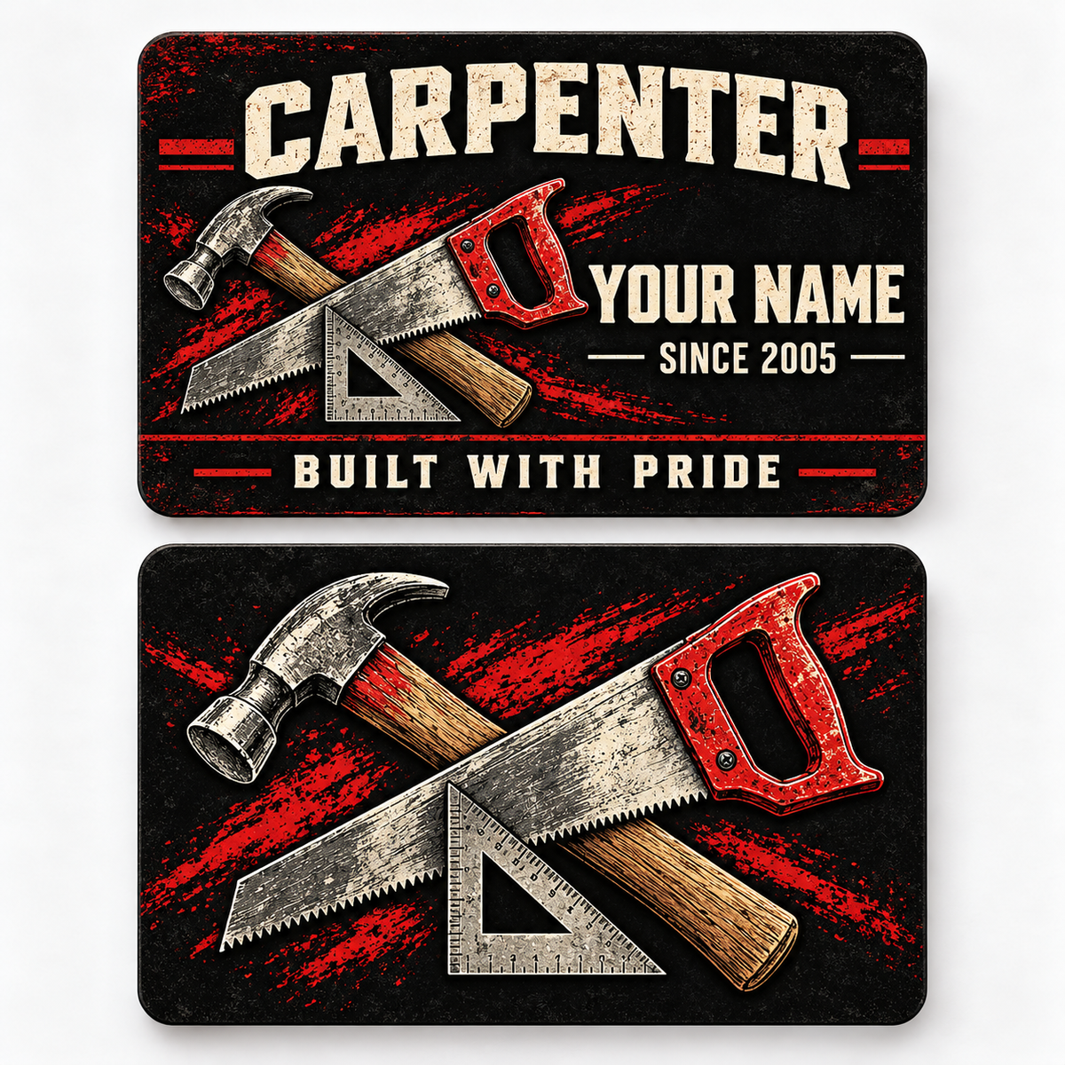 Front and reverse views of the Carpenter Midnight Trade Pride aluminum wallet card, showing its trade-themed printed artwork.