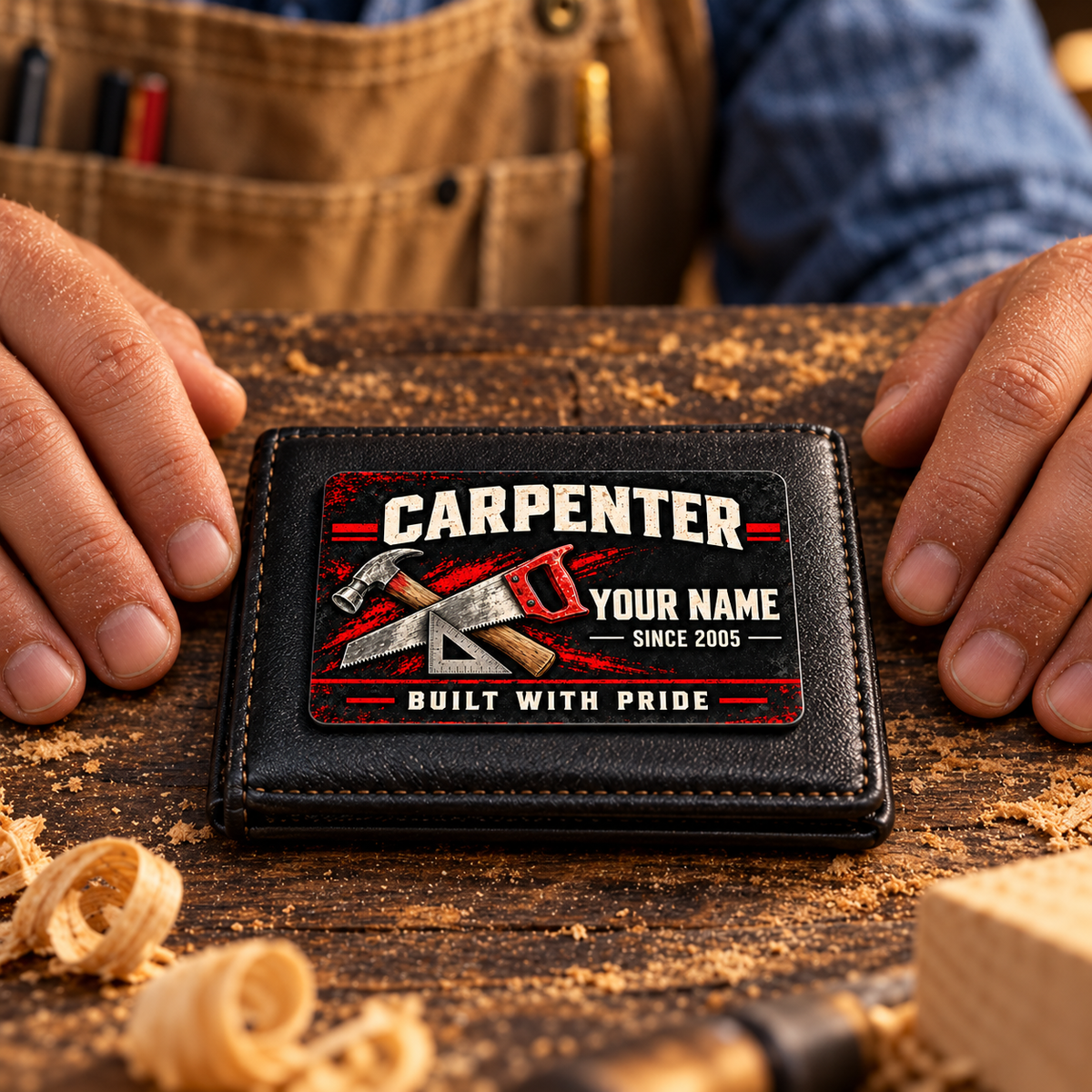 The printed front of the Carpenter Midnight Trade Pride aluminum wallet card shown in an occupational lifestyle setting with an adult worker.