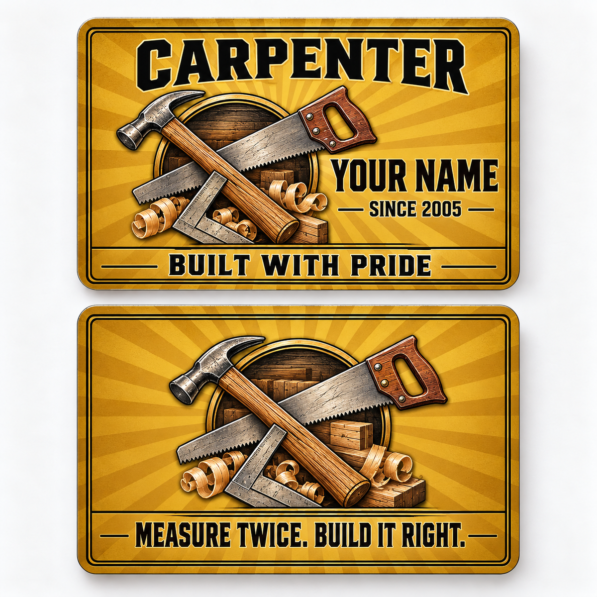 Front and reverse views of the Carpenter Golden Milestone aluminum wallet card, showing its trade-themed printed artwork.