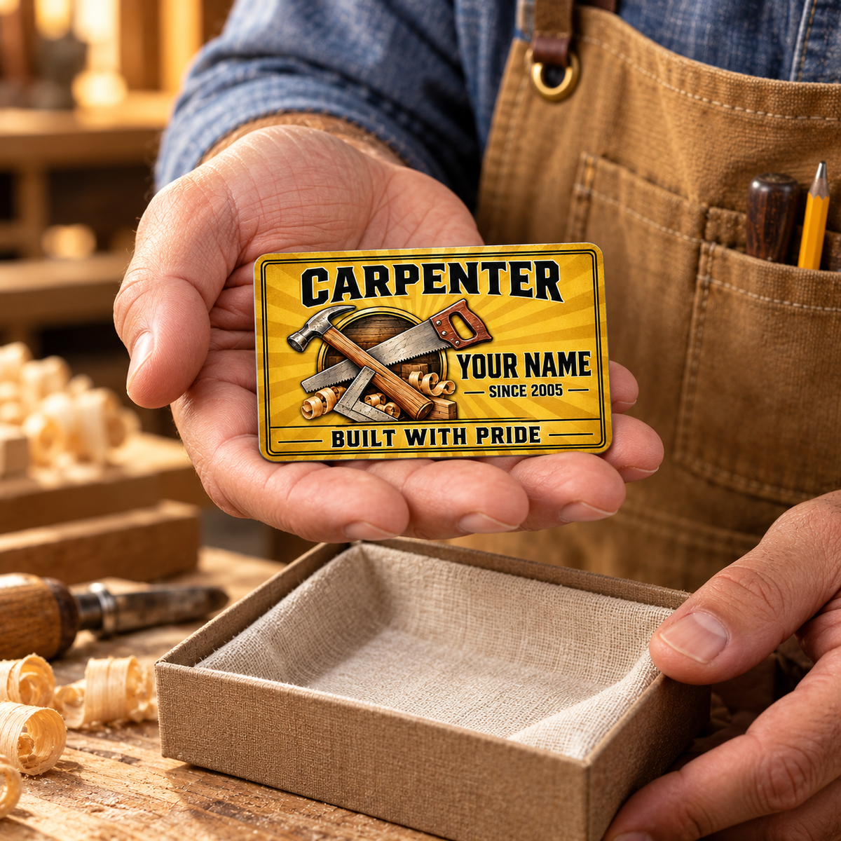 The printed front of the Carpenter Golden Milestone aluminum wallet card shown in an occupational lifestyle setting with an adult worker.