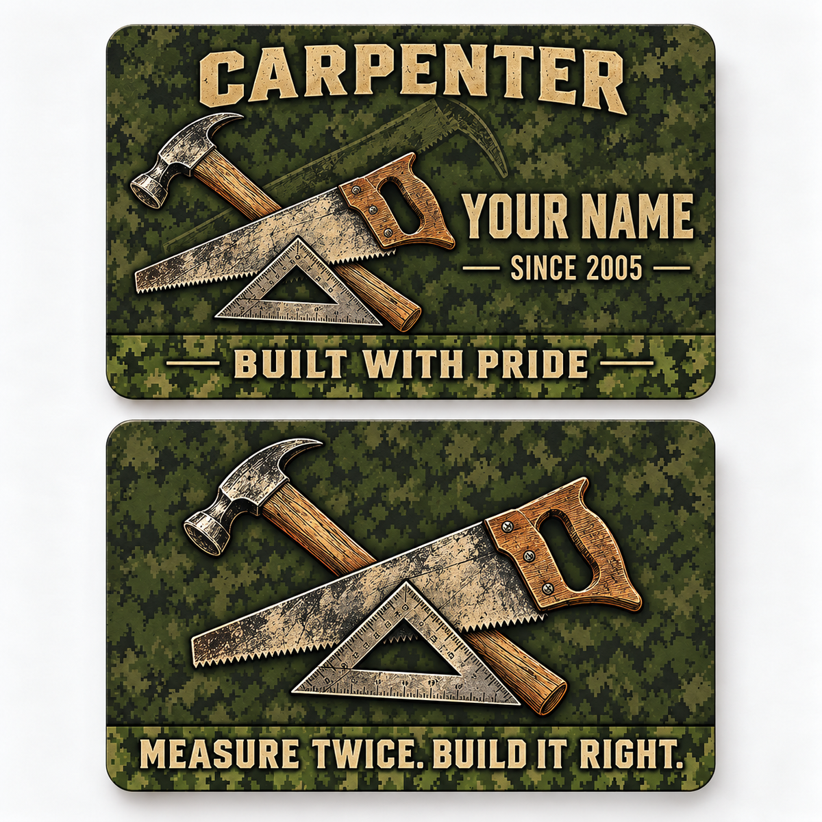 Front and reverse views of the Carpenter Rugged Field Pride aluminum wallet card, showing its trade-themed printed artwork.