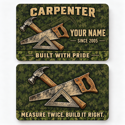 Front and reverse views of the Carpenter Rugged Field Pride aluminum wallet card, showing its trade-themed printed artwork.