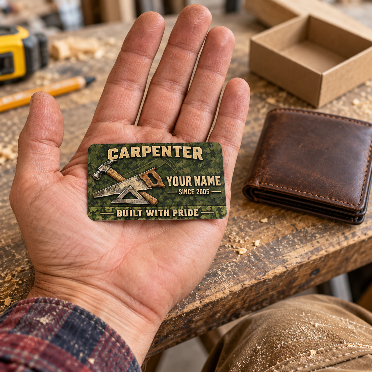 The printed front of the Carpenter Rugged Field Pride aluminum wallet card shown in an occupational lifestyle setting with an adult worker.