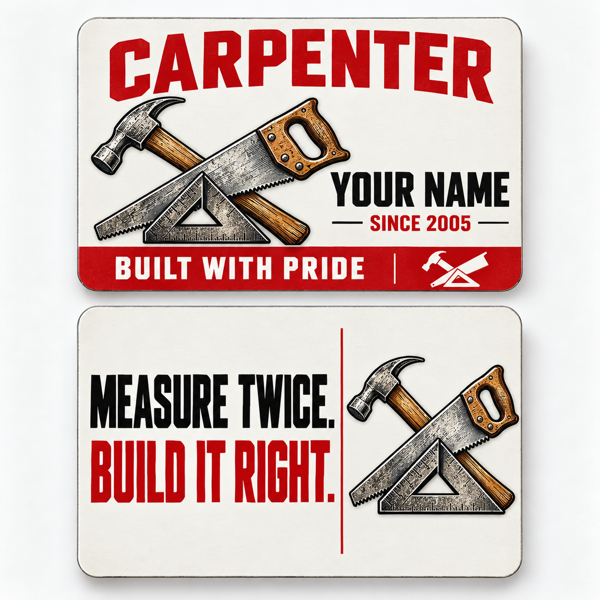 Front and reverse views of the Carpenter Signature Modern aluminum wallet card, showing its trade-themed printed artwork.