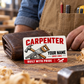 The printed front of the Carpenter Signature Modern aluminum wallet card shown in an occupational lifestyle setting with an adult worker.