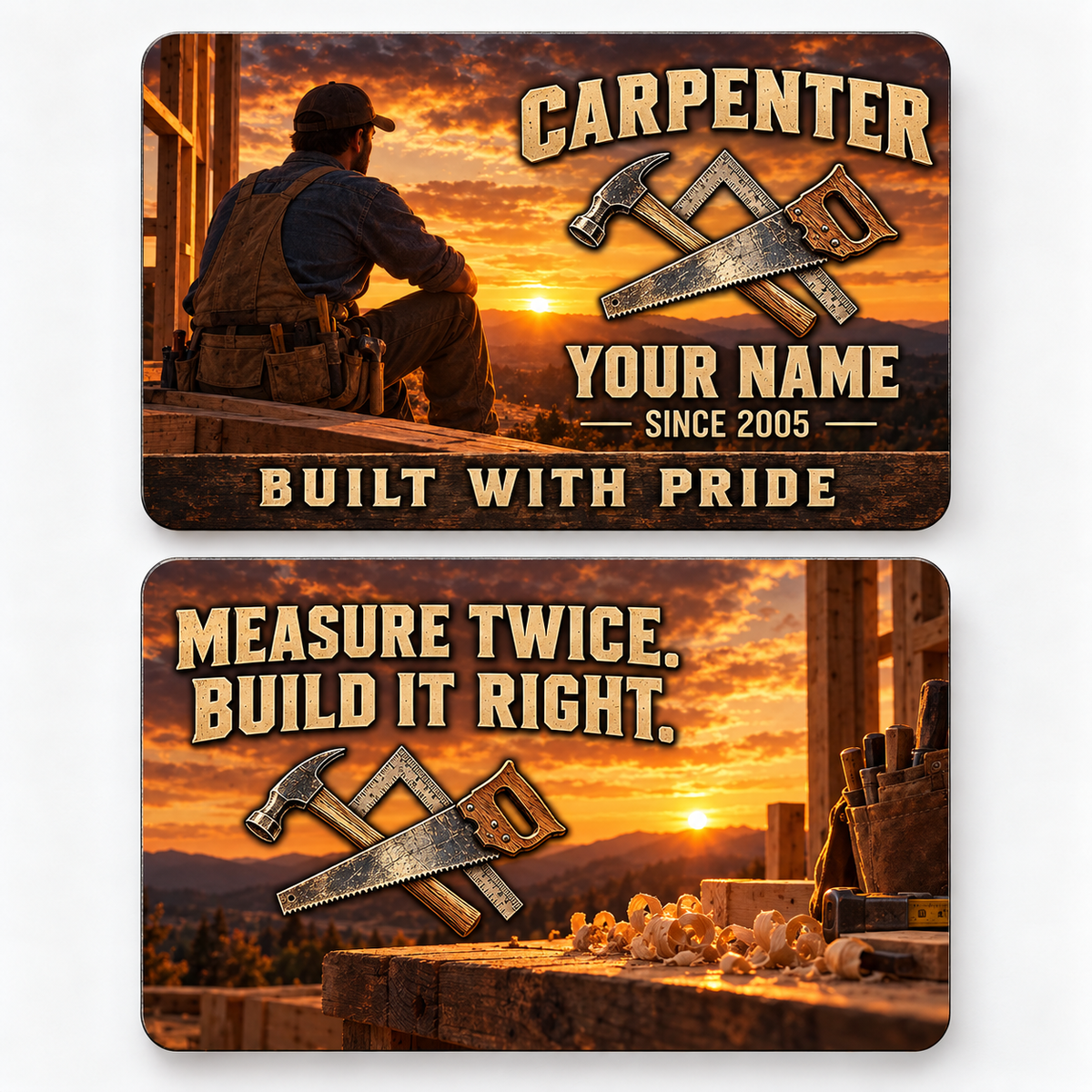 Front and reverse views of the Carpenter Sunset Workday aluminum wallet card, showing its trade-themed printed artwork.