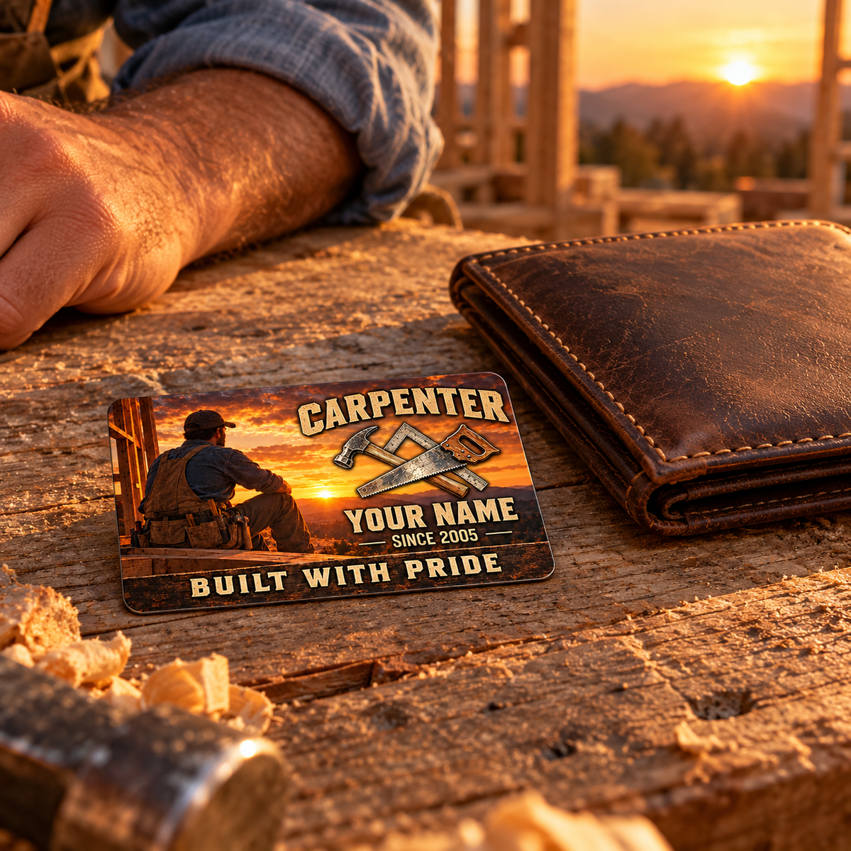 The printed front of the Carpenter Sunset Workday aluminum wallet card shown in an occupational lifestyle setting with an adult worker.