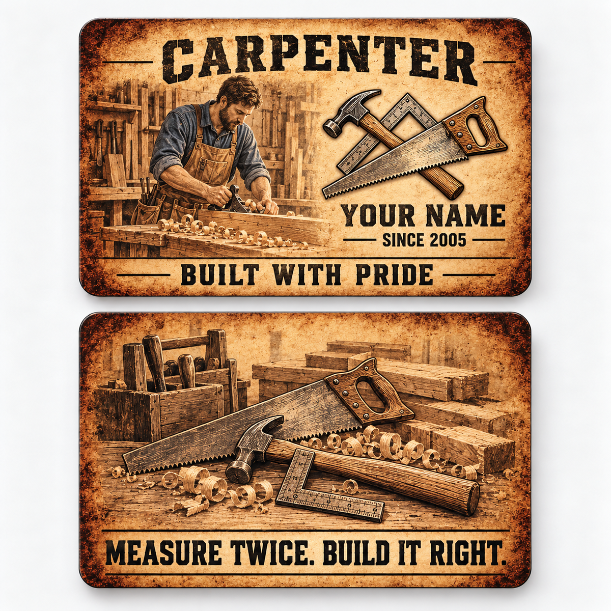 Front and reverse views of the Carpenter Sepia Craft Legacy aluminum wallet card, showing its trade-themed printed artwork.